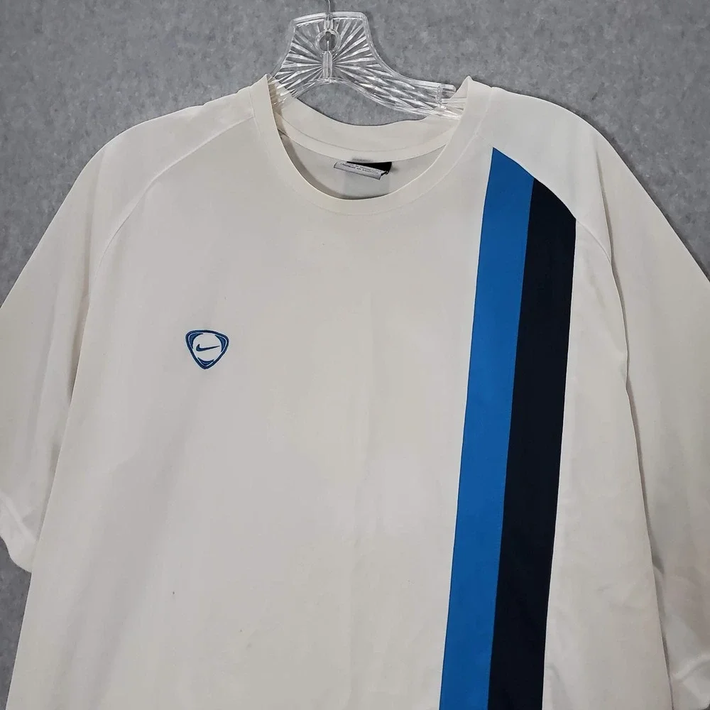 VINTAGE Nike Men Shirt XL White Logo Embroidered Stripped Short Sleeve Crew READ